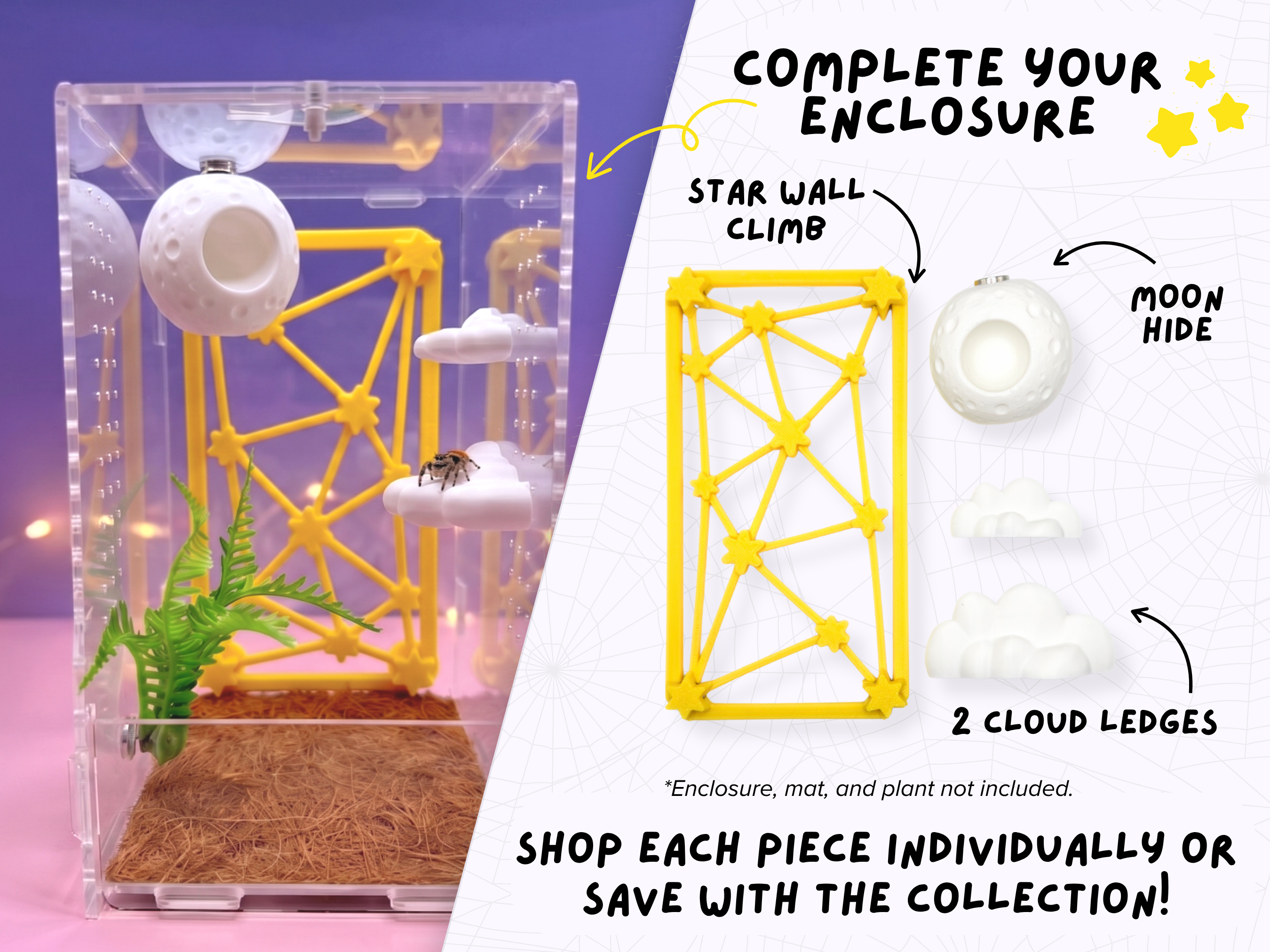 Star and moon magnetic cloud ledge for jumping spider enclosures - alternate view - Spood Society