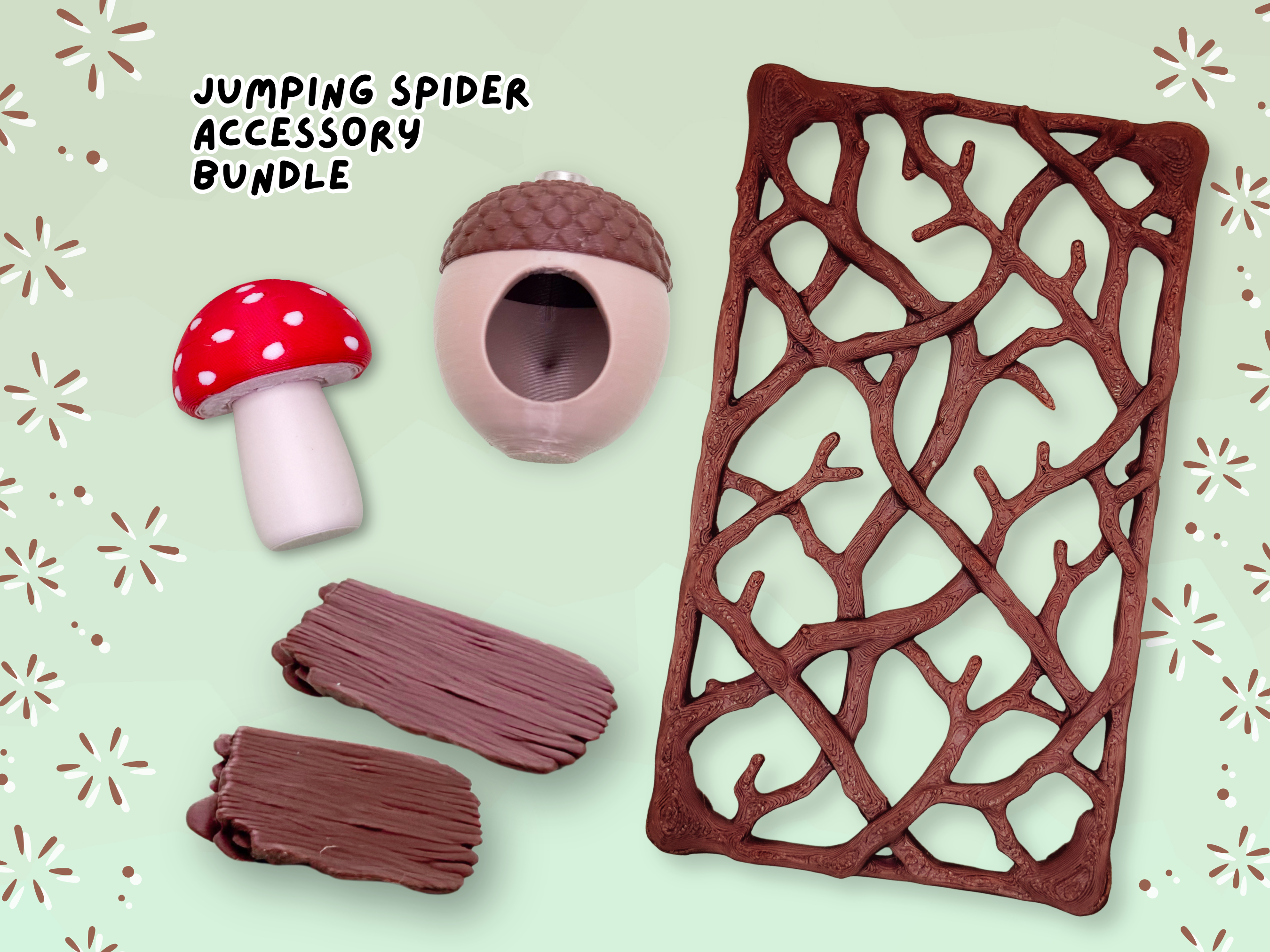 Woodland Jumping Spider Enclosure Accessory Set with acorn hide, branch climbing wall, and mushroom ledge - Spood Society
