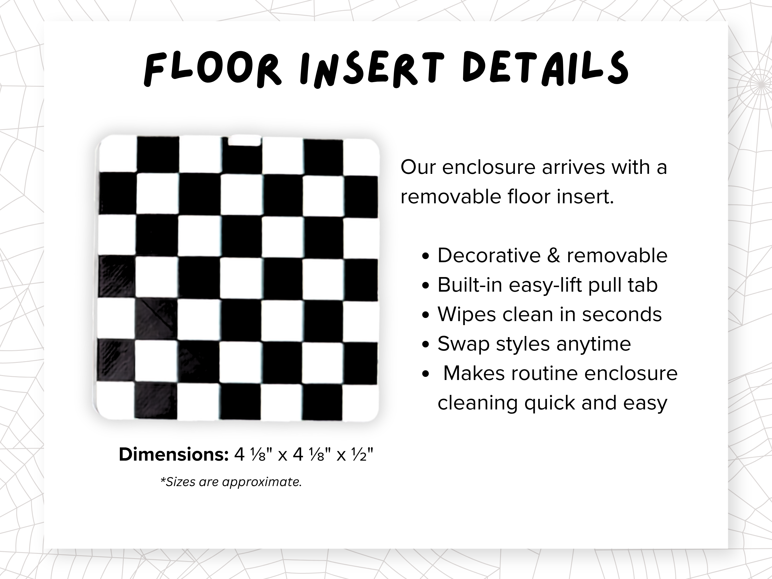 Dimensions diagram for the black and white floor insert included in the Haunted Halloween Complete Jumping Spider Enclosure - Spood Society
