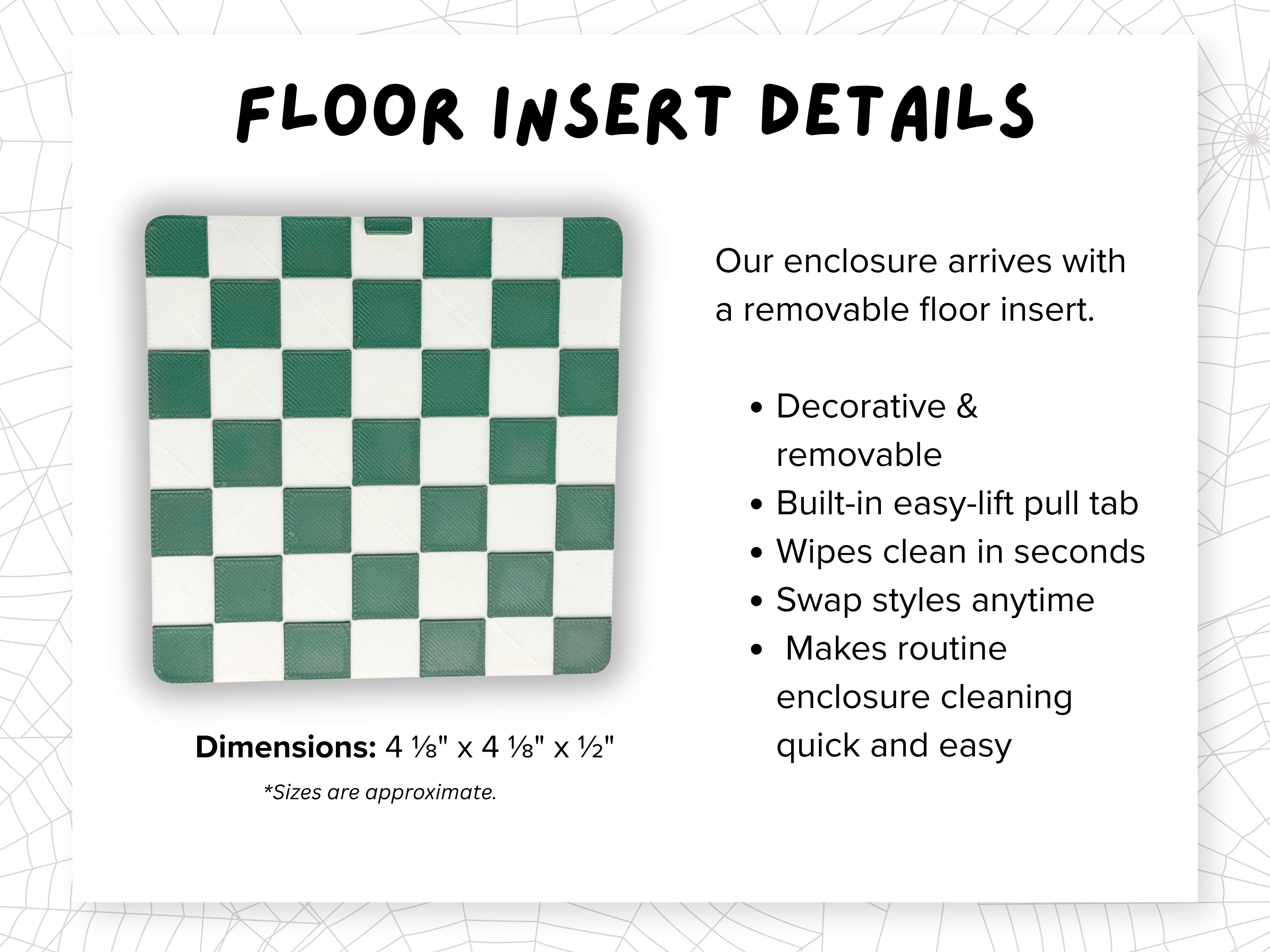 Dimensions diagram for the floor insert included in the Woodland Whimsy Complete Jumping Spider Enclosure - Spood Society