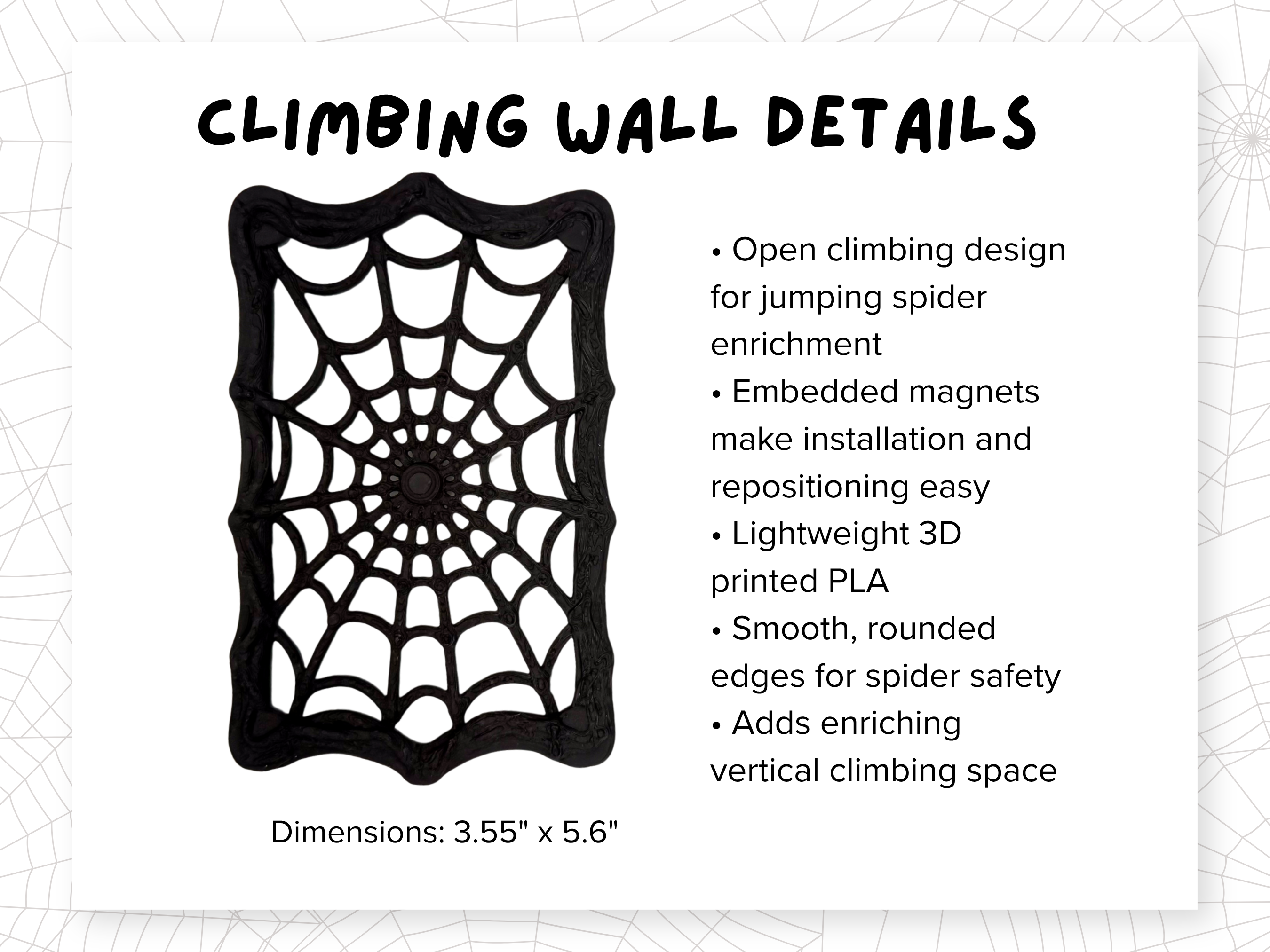 Dimensions diagram for the spiderweb climbing wall included in the Haunted Halloween Complete Jumping Spider Enclosure - Spood Society